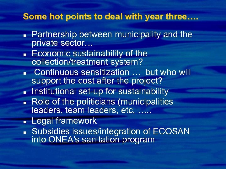 Some hot points to deal with year three…. n n n n Partnership between