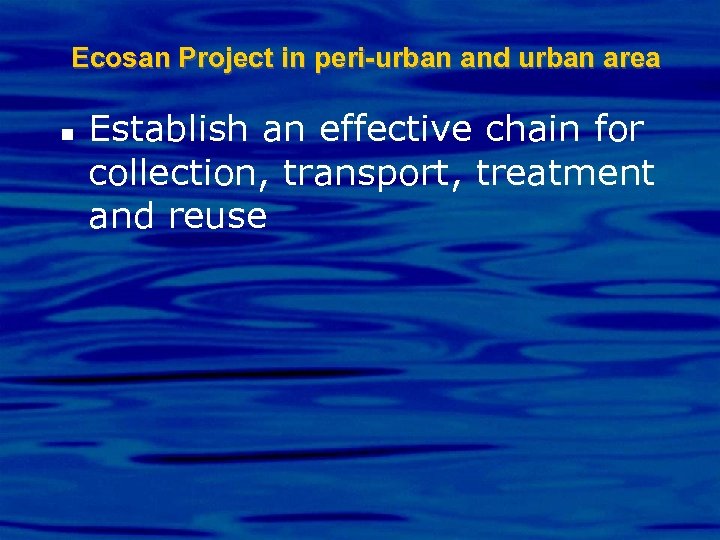 Ecosan Project in peri-urban and urban area n Establish an effective chain for collection,