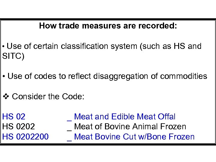 How trade measures are recorded: • Use of certain classification system (such as HS