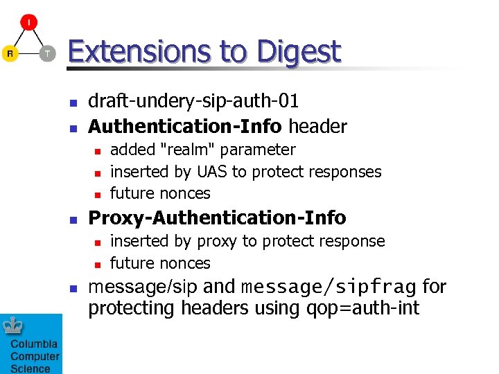 Extensions to Digest n n draft-undery-sip-auth-01 Authentication-Info header n n Proxy-Authentication-Info n n n