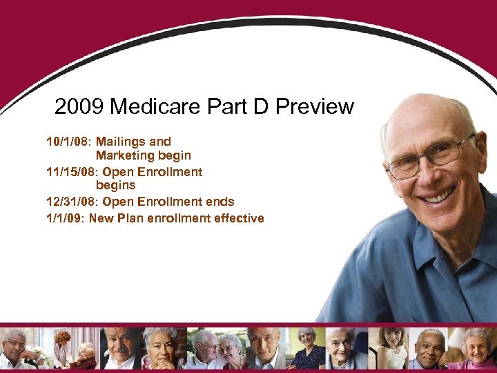 2009 Medicare Part D Preview 10/1/08: Mailings and Marketing begin 11/15/08: Open Enrollment begins