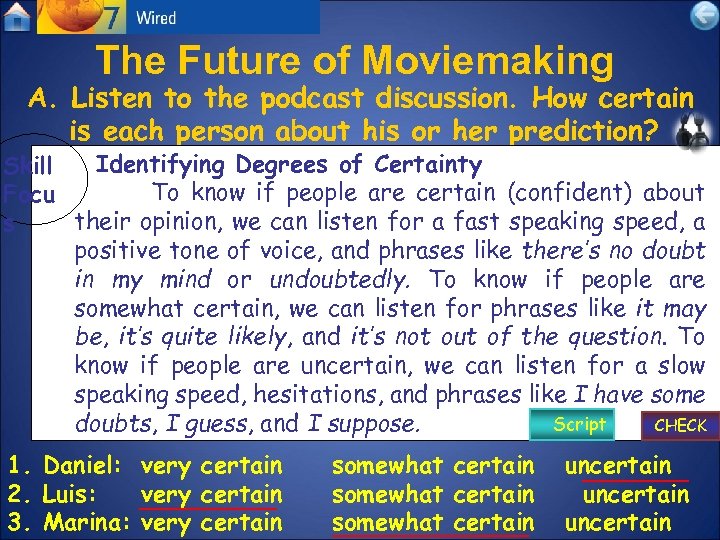 The Future of Moviemaking A. Listen to the podcast discussion. How certain is each