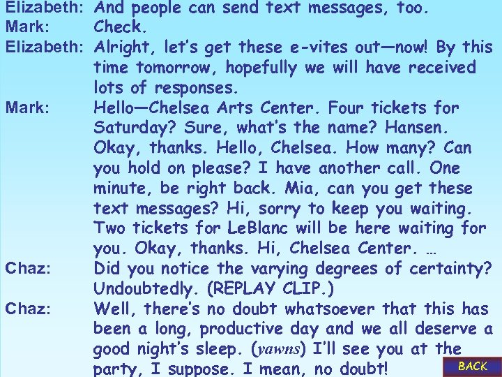 Elizabeth: And people can send text messages, too. Mark: Check. Elizabeth: Alright, let’s get