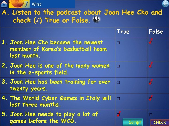 A. Listen to the podcast about Joon Hee Cho and check (√) True or