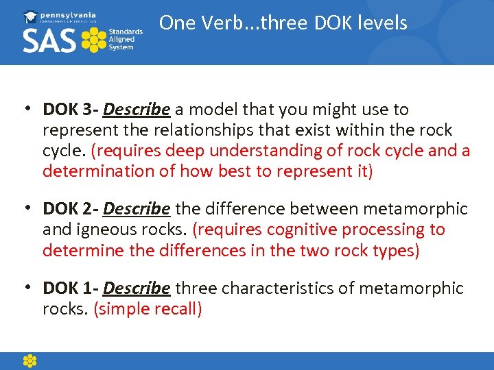 One Verb. . . three DOK levels • DOK 3 - Describe a model