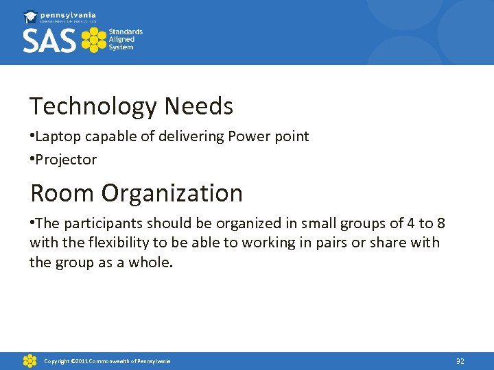 Technology Needs • Laptop capable of delivering Power point • Projector Room Organization •