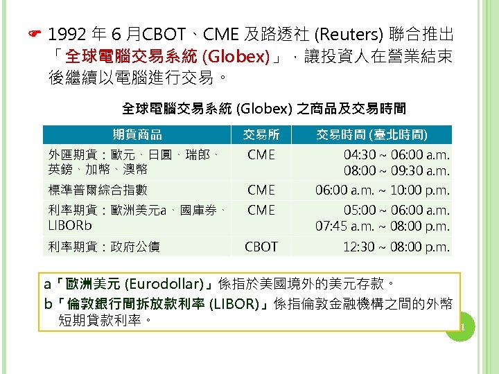  1992 年 6 月CBOT、CME 及路透社 (Reuters) 聯合推出 「全球電腦交易系統 (Globex)」，讓投資人在營業結束 後繼續以電腦進行交易。 全球電腦交易系統 (Globex) 之商品及交易時間