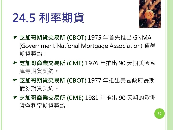 24. 5 利率期貨 芝加哥期貨交易所 (CBOT) 1975 年首先推出 GNMA (Government National Mortgage Association) 債券 期貨契約。