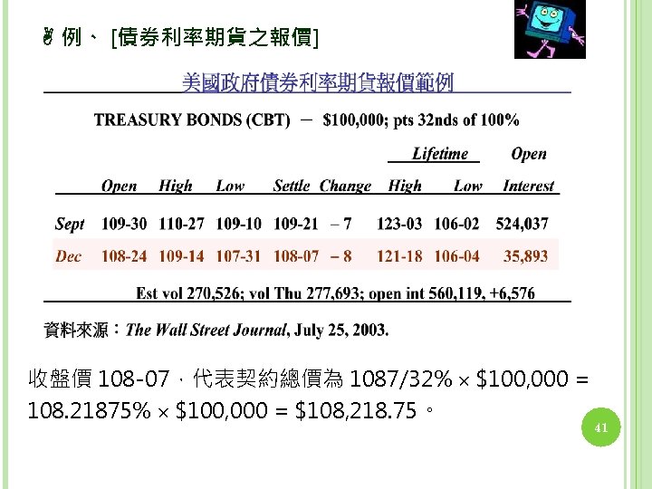  例、 [債券利率期貨之報價] 收盤價 108 -07，代表契約總價為 1087/32% $100, 000 = 108. 21875% $100, 000