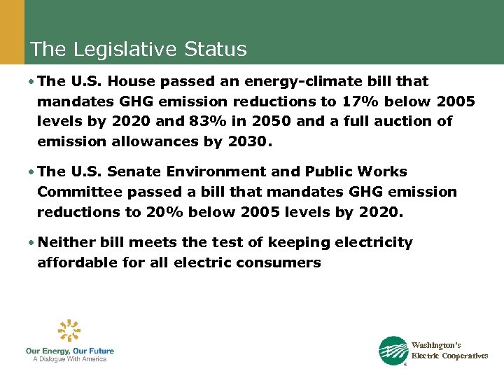 The Legislative Status • The U. S. House passed an energy-climate bill that mandates