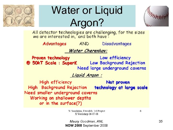 Water or Liquid Argon? Maury Goodman, ANL NOW 2008 September 2008 35 