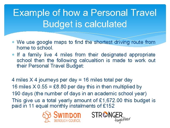 Example of how a Personal Travel Budget is calculated We use google maps to