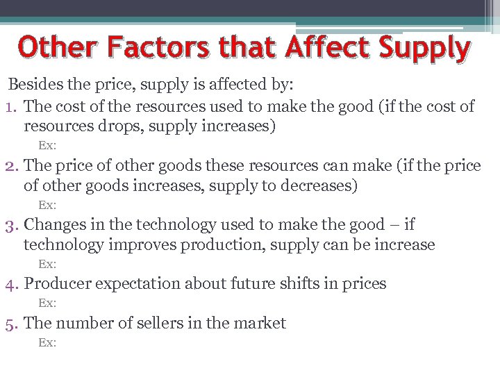 Other Factors that Affect Supply Besides the price, supply is affected by: 1. The