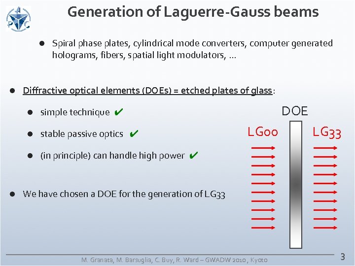 Generation of Laguerre-Gauss beams l l Spiral phase plates, cylindrical mode converters, computer generated