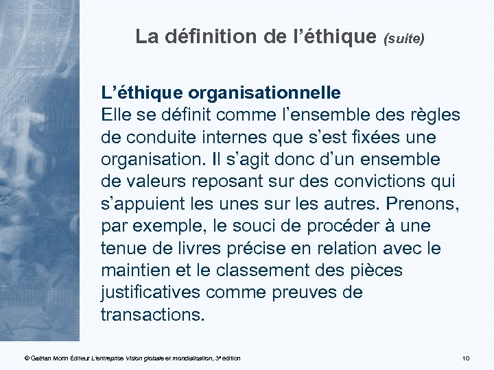 La définition de l’éthique (suite) L’éthique organisationnelle Elle se définit comme l’ensemble des règles