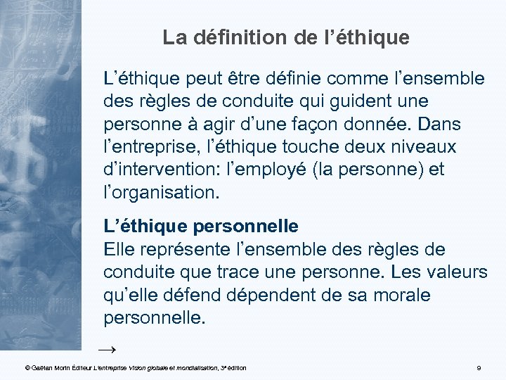 La définition de l’éthique L’éthique peut être définie comme l’ensemble des règles de conduite