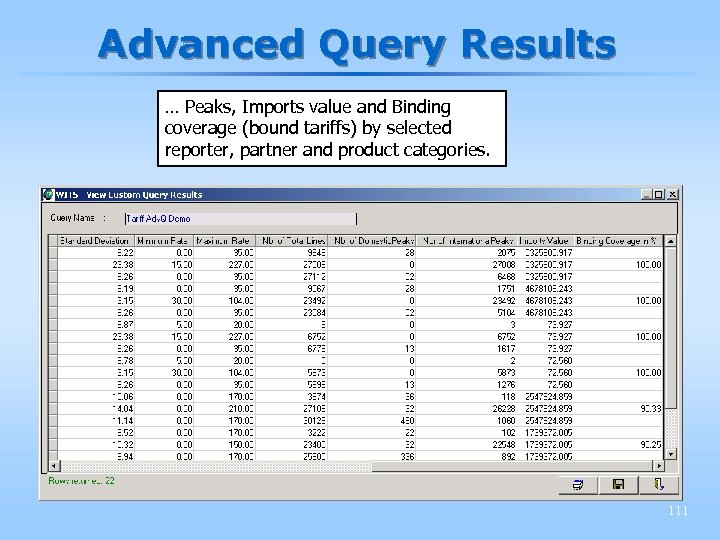 Advanced Query Results … Peaks, Imports value and Binding coverage (bound tariffs) by selected