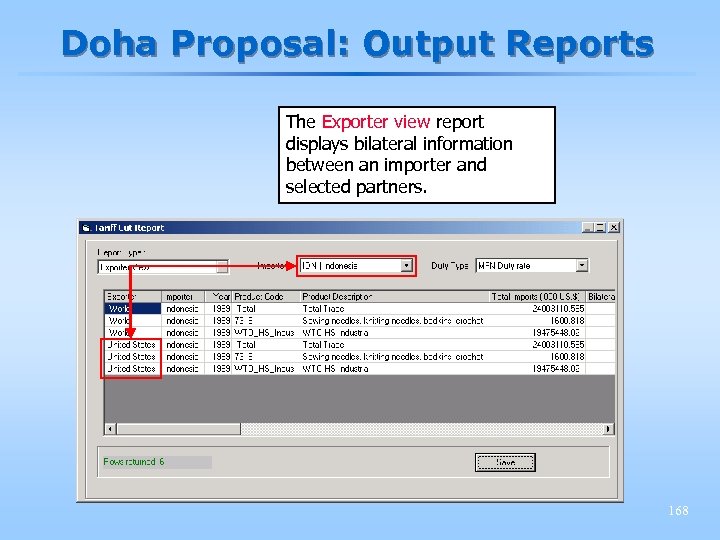 Doha Proposal: Output Reports The Exporter view report displays bilateral information between an importer