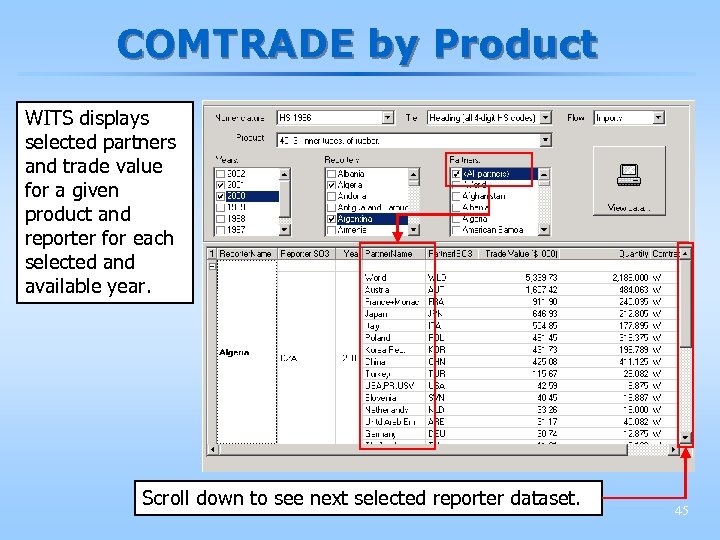 COMTRADE by Product WITS displays selected partners and trade value for a given product