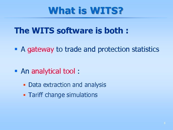 What is WITS? The WITS software is both : § A gateway to trade