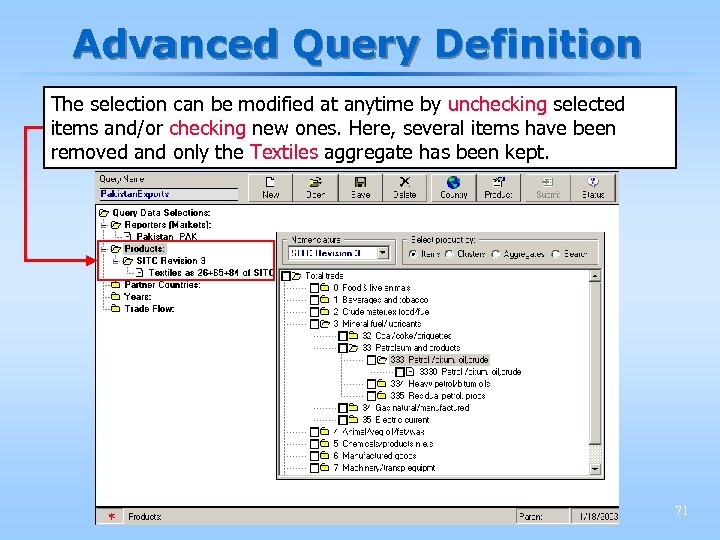 Advanced Query Definition The selection can be modified at anytime by unchecking selected items