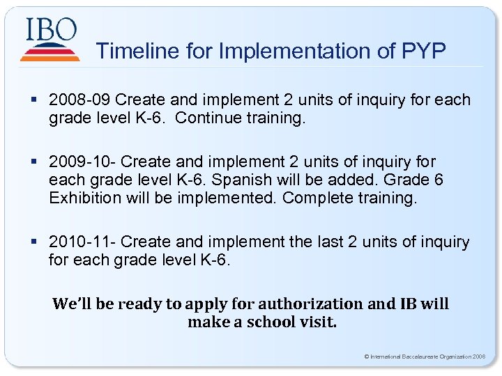 Timeline for Implementation of PYP § 2008 -09 Create and implement 2 units of