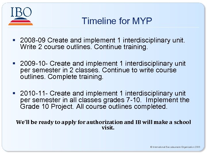 Timeline for MYP § 2008 -09 Create and implement 1 interdisciplinary unit. Write 2