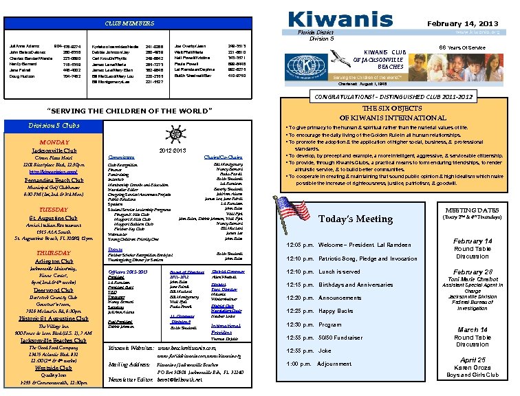 February 14, 2013 CLUB MEMBERS Florida District Division 5 Juli. Anna Adams 904 -