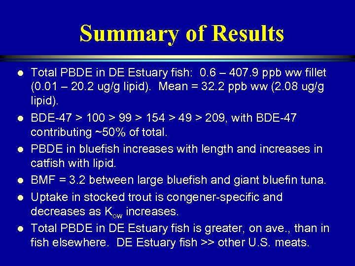 Summary of Results l l l Total PBDE in DE Estuary fish: 0. 6