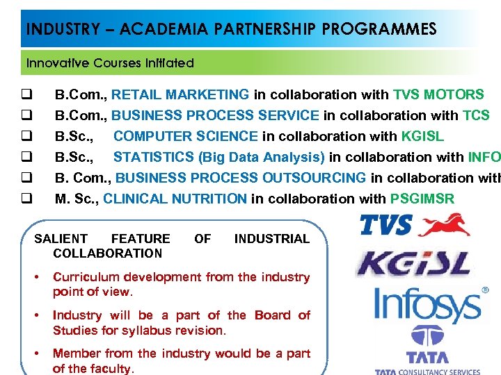 INDUSTRY – ACADEMIA PARTNERSHIP PROGRAMMES Innovative Courses Initiated q q q B. Com. ,