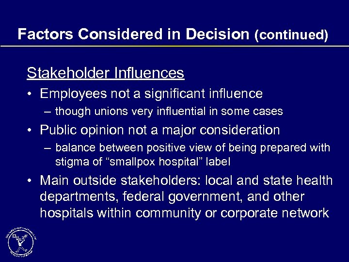 Factors Considered in Decision (continued) Stakeholder Influences • Employees not a significant influence –