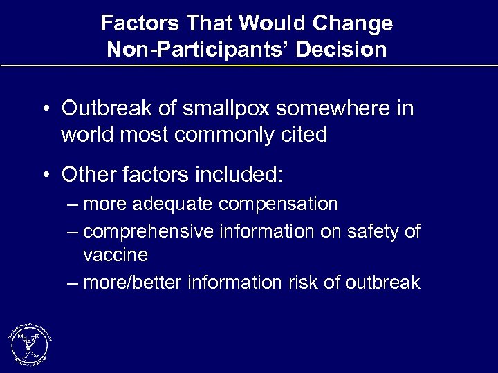 Factors That Would Change Non-Participants’ Decision • Outbreak of smallpox somewhere in world most