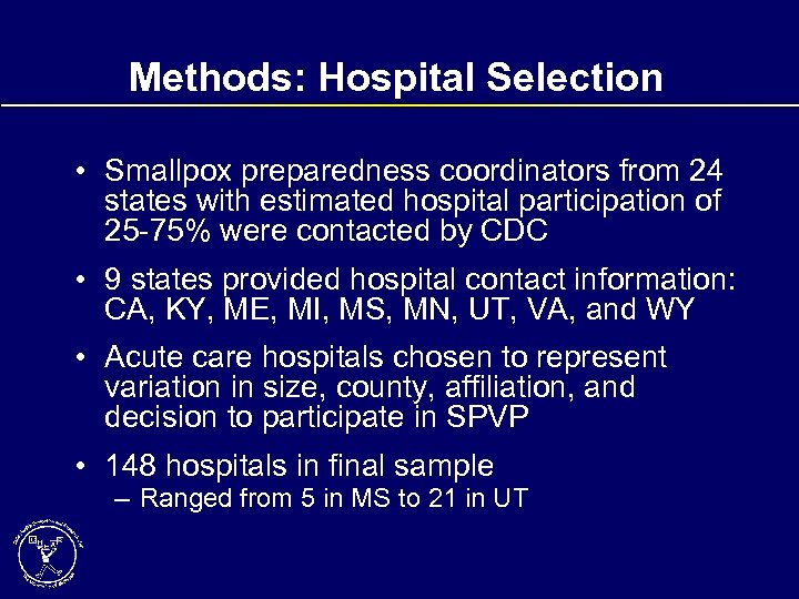 Methods: Hospital Selection • Smallpox preparedness coordinators from 24 states with estimated hospital participation