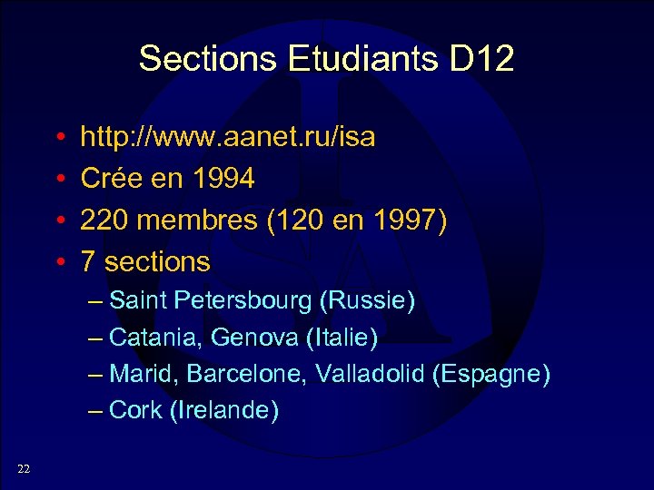 Sections Etudiants D 12 • • http: //www. aanet. ru/isa Crée en 1994 220