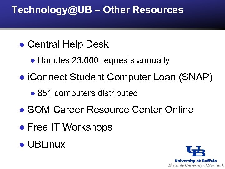 Technology@UB – Other Resources l Central Help Desk l l Handles 23, 000 requests