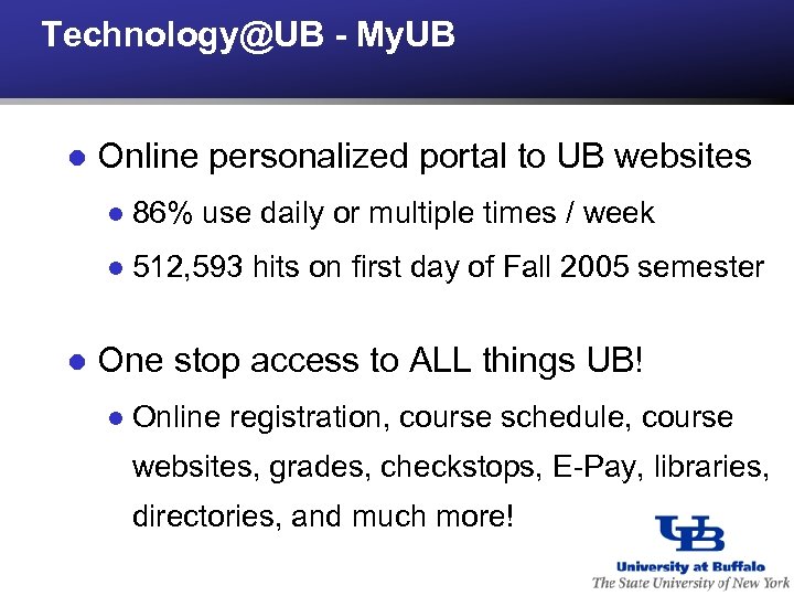 Technology@UB - My. UB l Online personalized portal to UB websites l l l