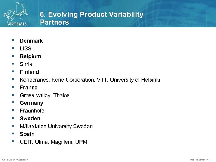 6. Evolving Product Variability Partners Denmark LISS Belgium Sirris Finland Konecranes, Kone Corporation, VTT,