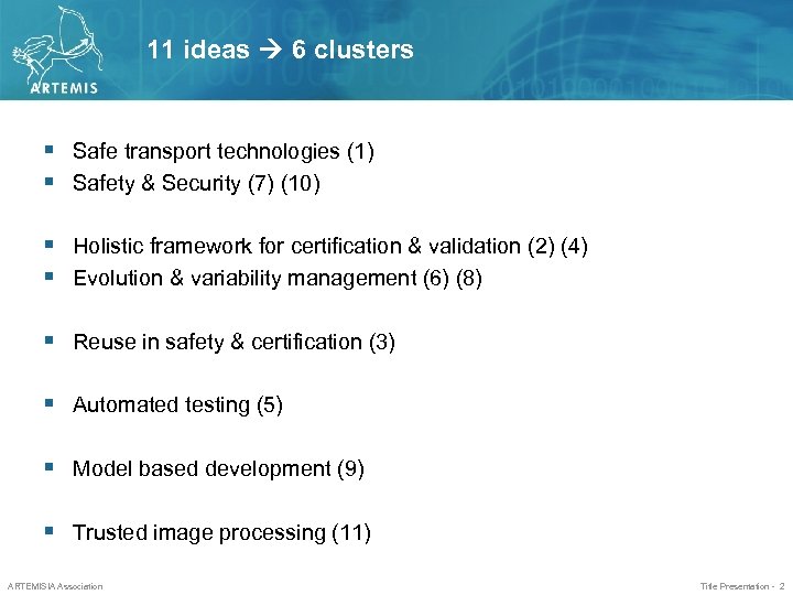 11 ideas 6 clusters Safe transport technologies (1) Safety & Security (7) (10) Holistic