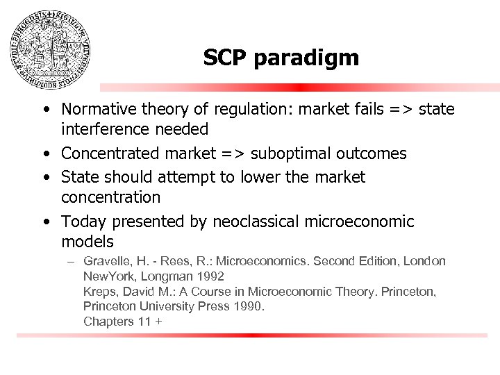 SCP paradigm • Normative theory of regulation: market fails => state interference needed •