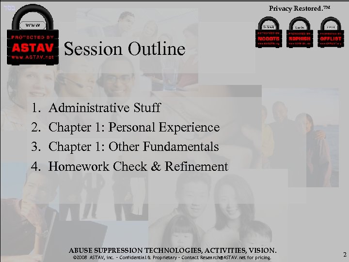  בסד Privacy Restored. ™ Session Outline 1. 2. 3. 4. Administrative Stuff Chapter