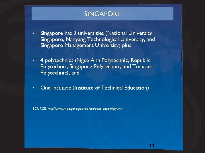 SINGAPORE • Singapore has 3 universities (National University Singapore, Nanyang Technological University, and Singapore