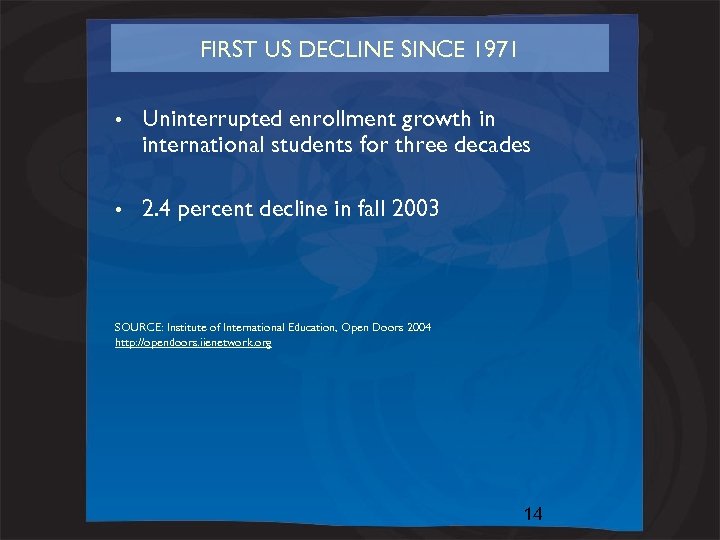FIRST US DECLINE SINCE 1971 • Uninterrupted enrollment growth in international students for three