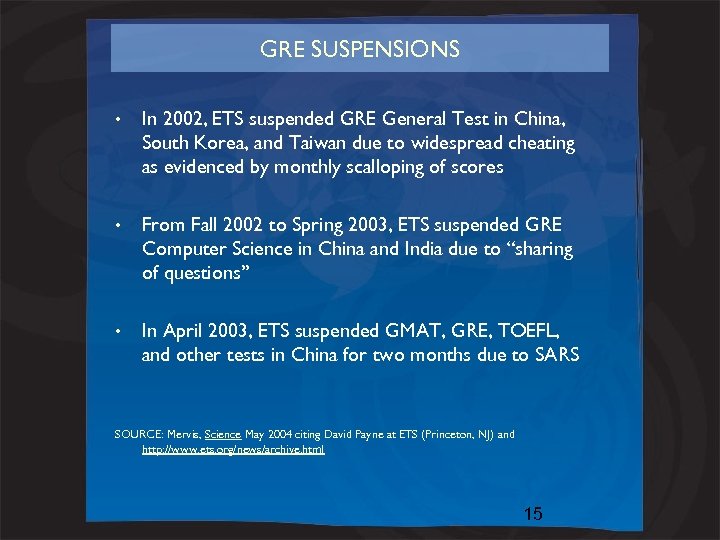 GRE SUSPENSIONS • In 2002, ETS suspended GRE General Test in China, South Korea,