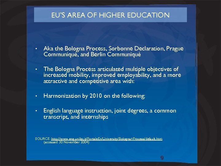EU’S AREA OF HIGHER EDUCATION • Aka the Bologna Process, Sorbonne Declaration, Prague Communiqué,
