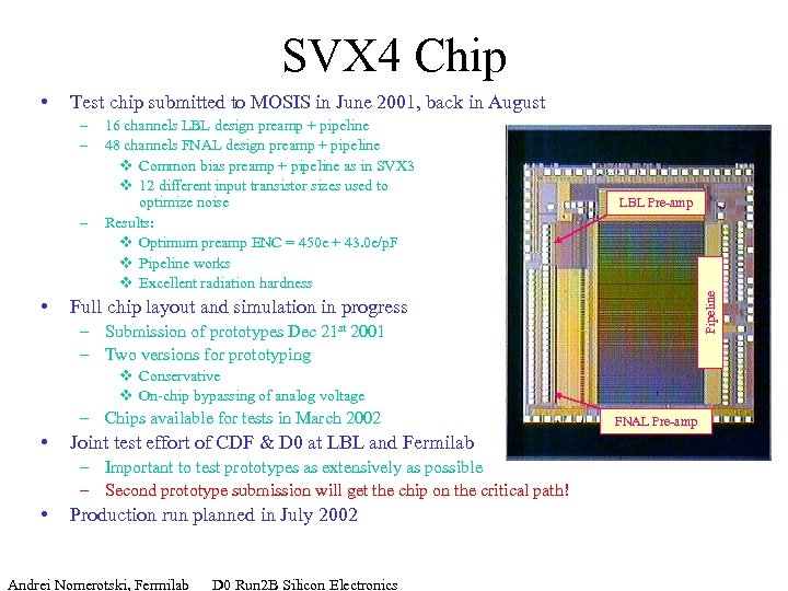 SVX 4 Chip Test chip submitted to MOSIS in June 2001, back in August