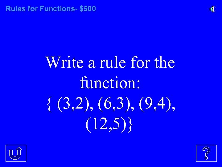 Rules for Functions- $500 Write a rule for the function: { (3, 2), (6,