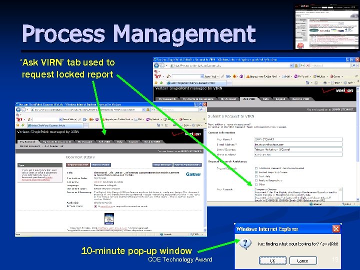 Process Management ‘Ask VIRN’ tab used to request locked report 10 -minute pop-up window