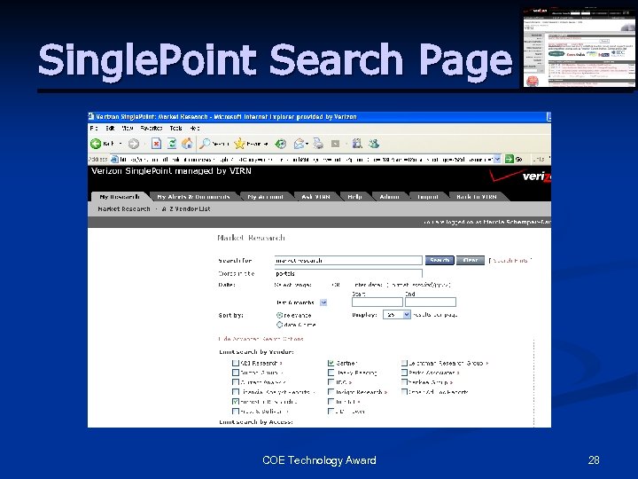 Single. Point Search Page COE Technology Award 28 