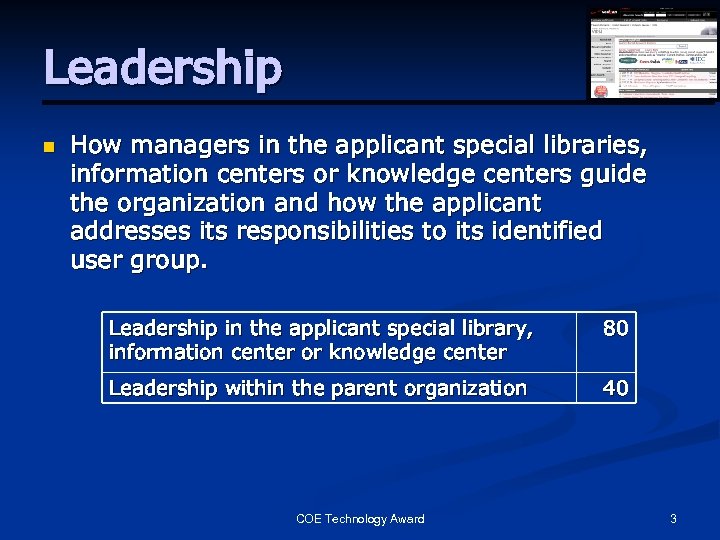Leadership n How managers in the applicant special libraries, information centers or knowledge centers