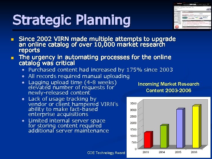 Strategic Planning n n Since 2002 VIRN made multiple attempts to upgrade an online